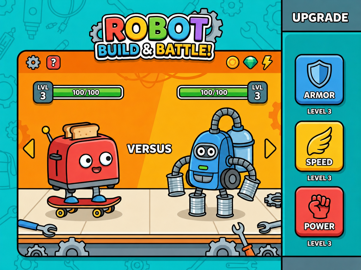 Robot Build & Battle concept art: a toaster robot on a skateboard facing off against a robot made of tin cans