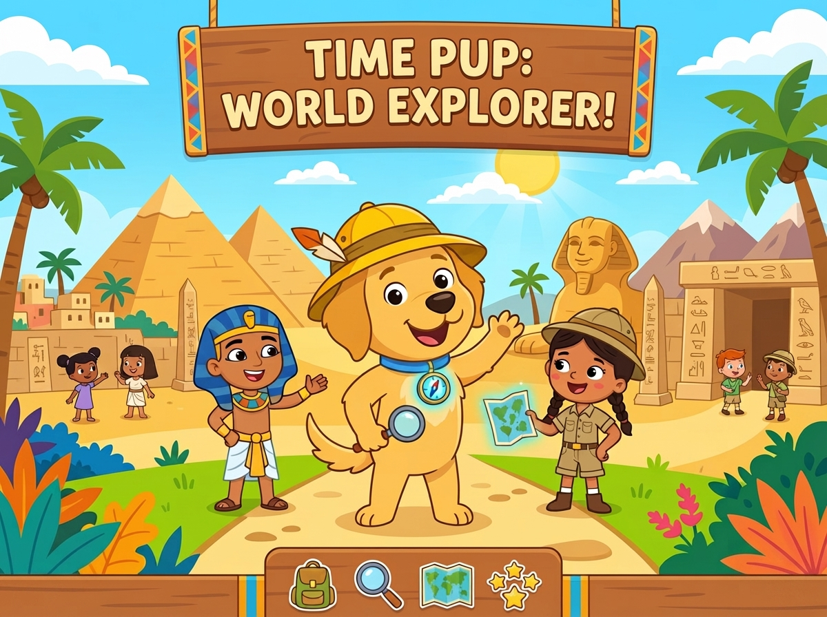 Time Pup: World Explorer concept art: Barnaby the golden retriever in an explorer hat, standing in front of Egyptian pyramids with two kids in costume